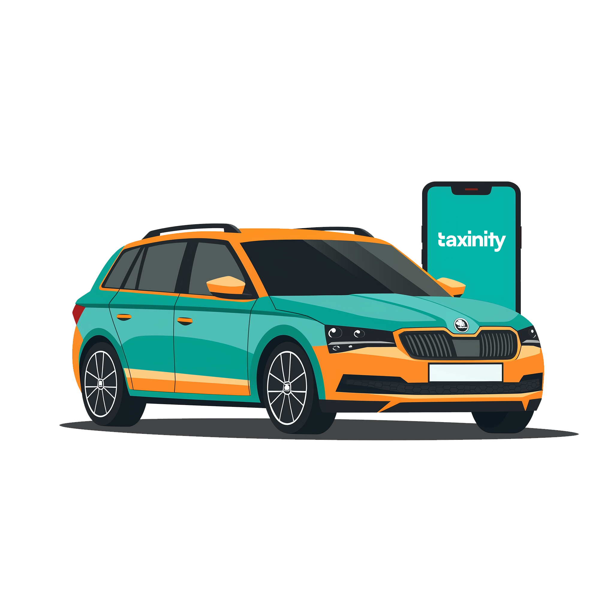 Digitalizujte svou taxislužbu s dispečinkem Taxinity Vůz taxislužby s mobilním telefonem a aplikací taxinity